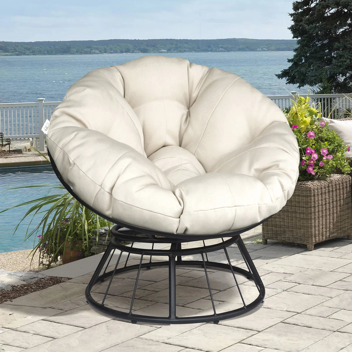 Beige 360-Degree Swivel Papasan Chair with Cushion F697
