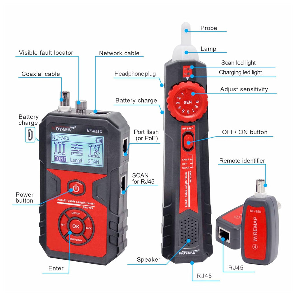 LCD Network Tester with RJ11 RJ45 Coax Cable Tester and VFL Function W700