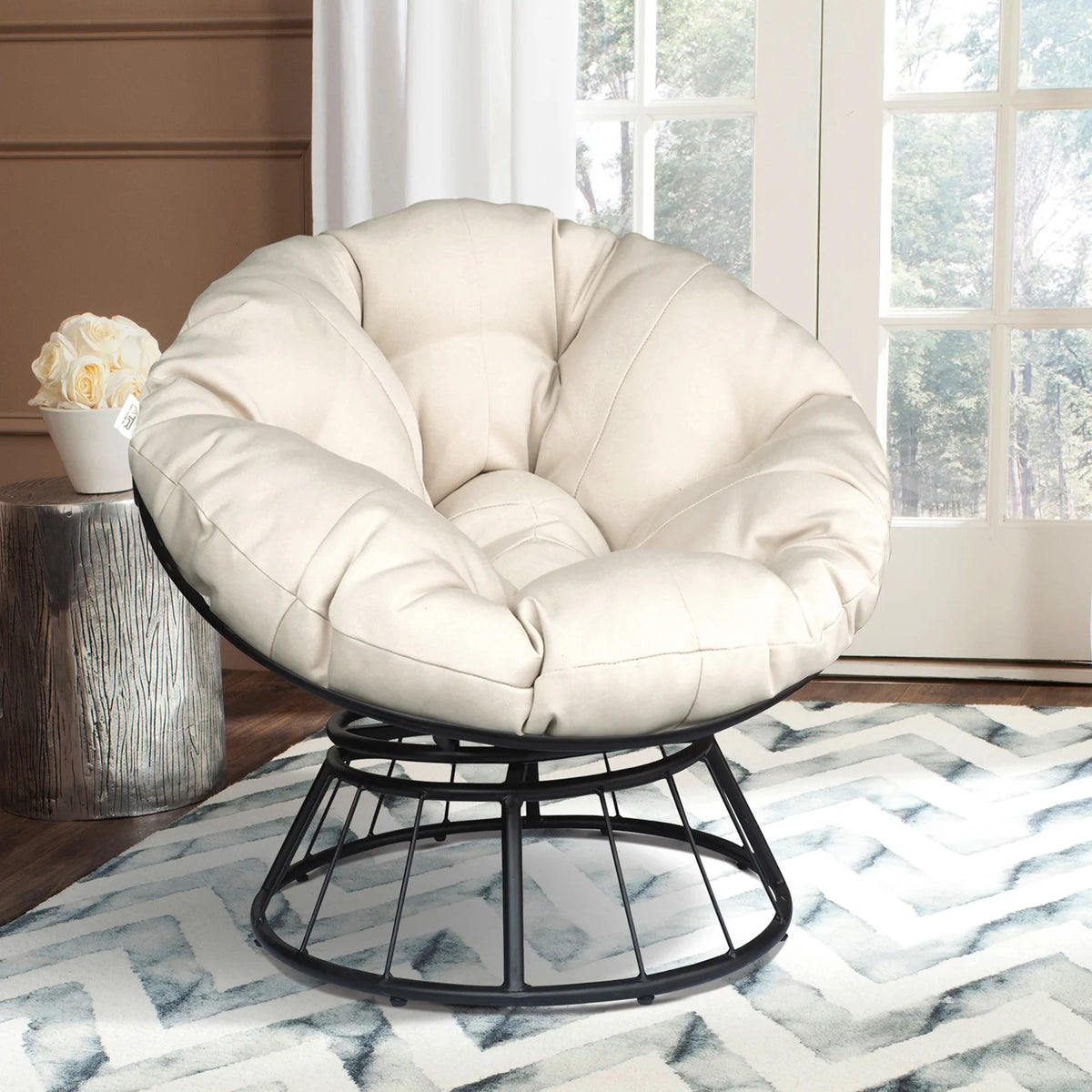 Beige 360-Degree Swivel Papasan Chair with Cushion F697