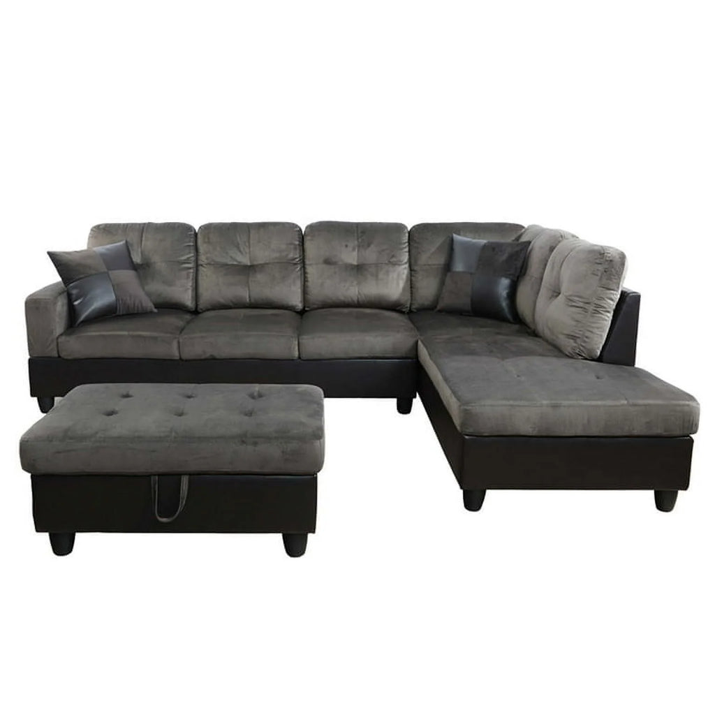 3 Piece Sectional Sofa Set with Right Facing Chaise and Storage Ottoman J37578
