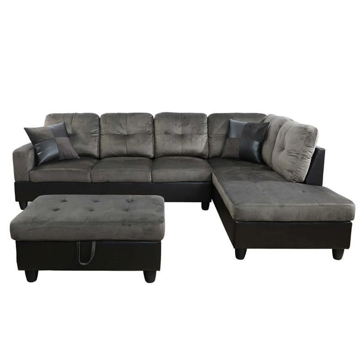 3 Piece Sectional Sofa Set with Right Facing Chaise and Storage Ottoman J37578