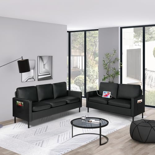 56" W Dark Grey Fabric Loveseat Sofa with 2 USB M3586