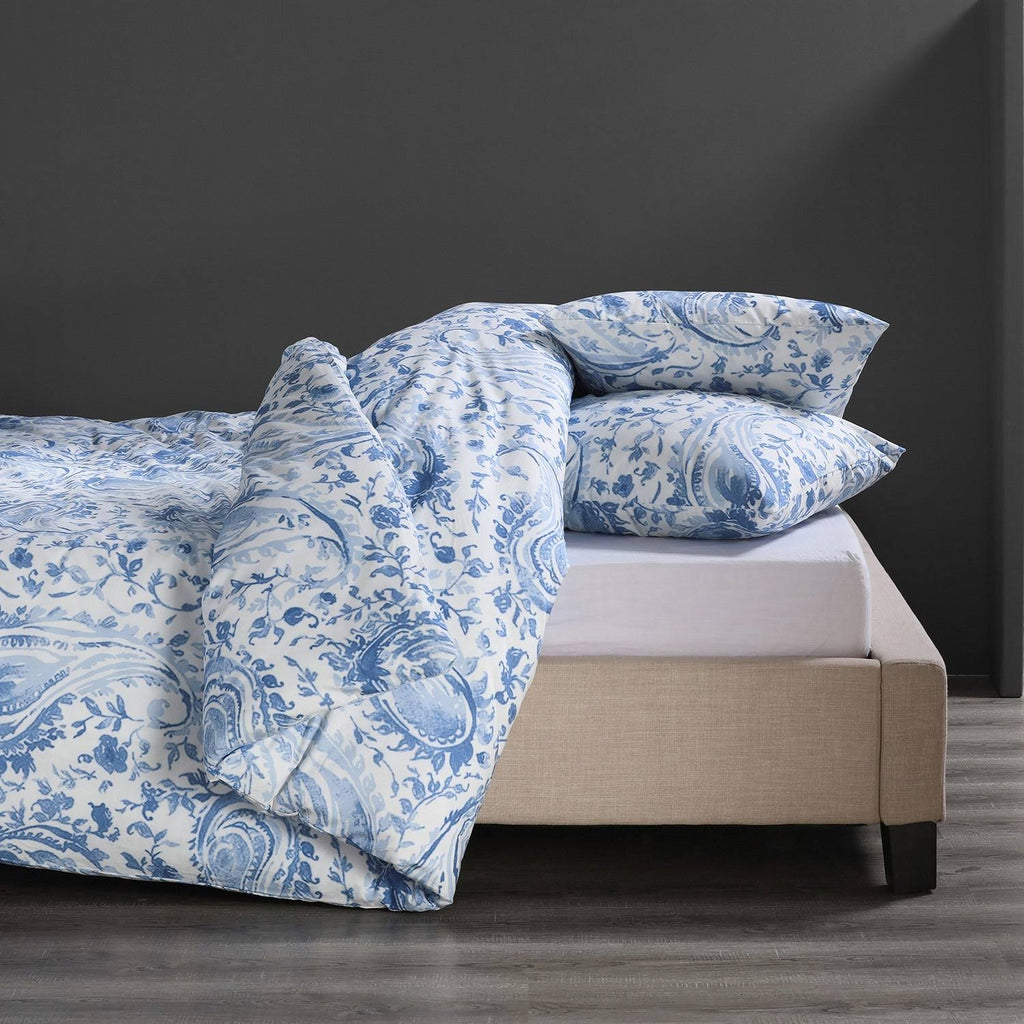 Queen Blue Cotton Percale Printed Duvet Cover Set I44307