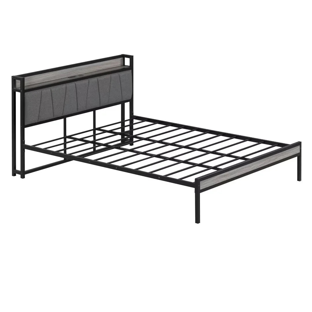 White Metal Platform Bed with Twin Trundle and USB Ports Q98781