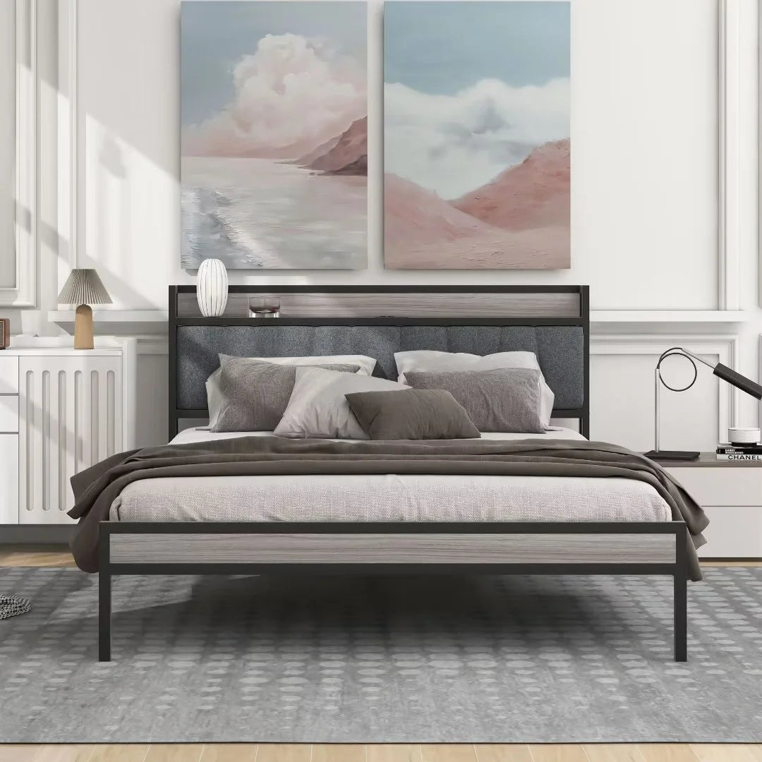 White Metal Platform Bed with Twin Trundle and USB Ports Q98781