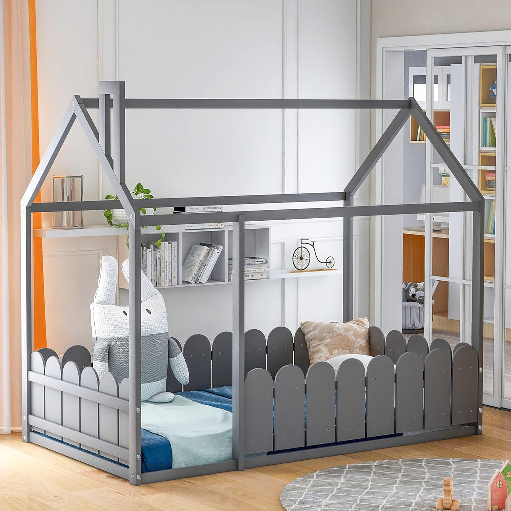 White Wood Twin House Shaped Floor Bed S69639