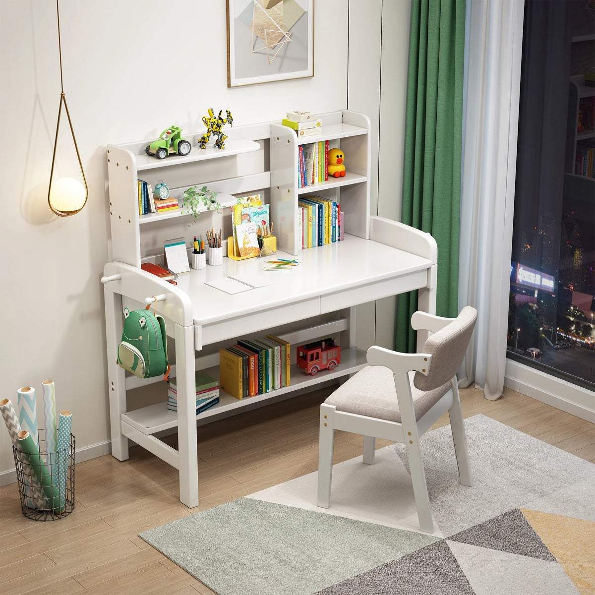 Kids Desk and Chair Set with Drawer and Bookshelf White I318614