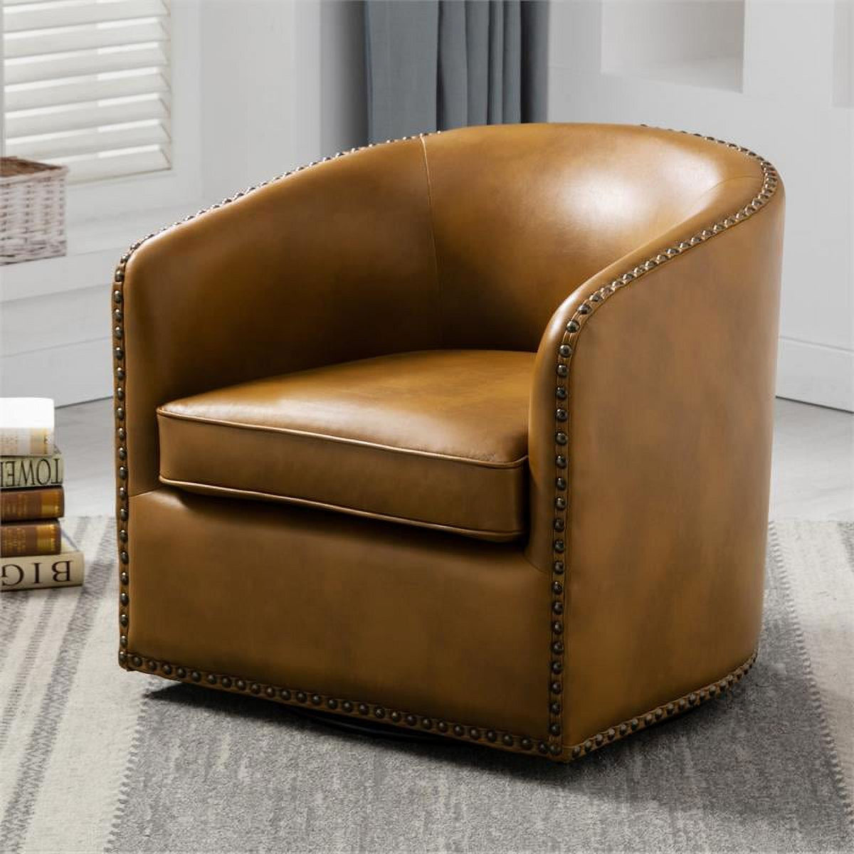 Camel Brown Faux Leather Swivel Arm Chair with Nailhead Trim L38283