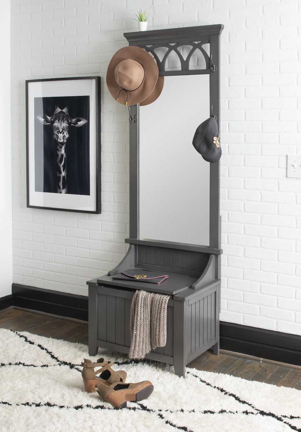 Gray Hall Tree with Storage Bench and Mirror W782829