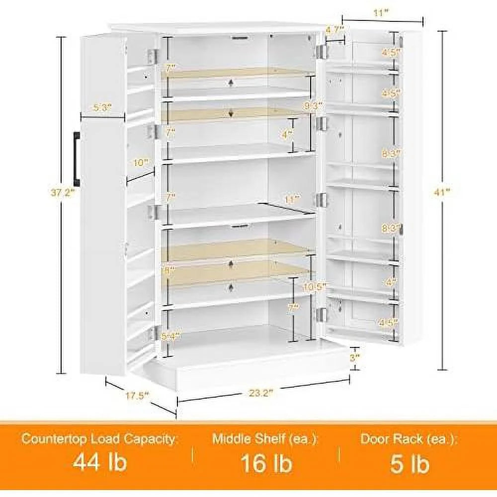 White Wood Pantry Cabinet with Doors and Adjustable Shelves V124