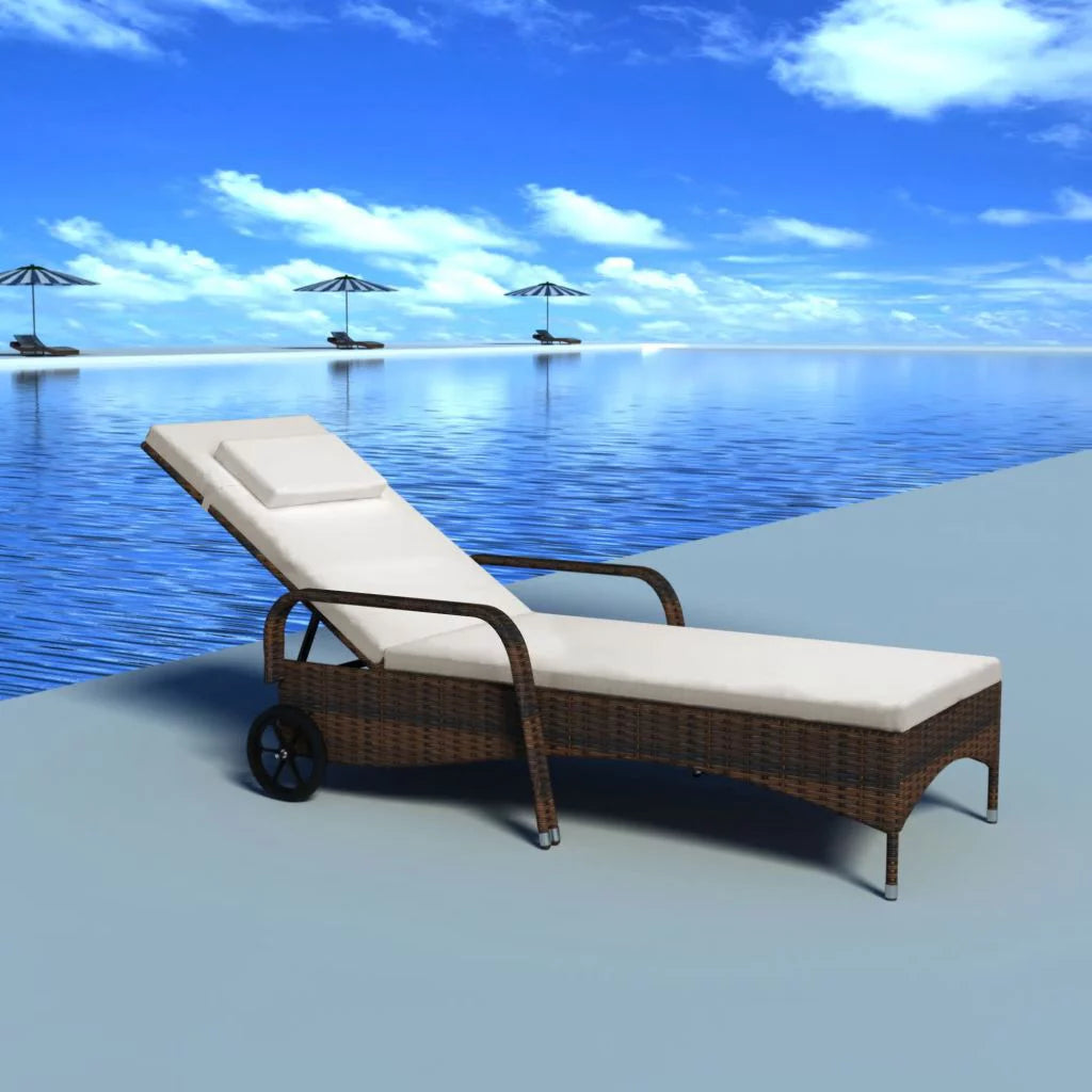 Brown Poly Rattan Chaise Lounge with Wheels F722