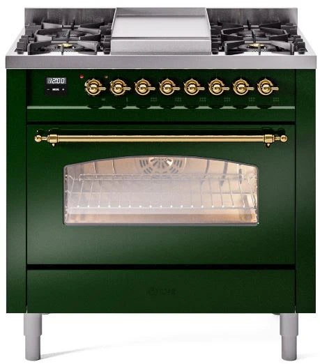 36 Dual Fuel Propane Gas Range Emerald Green Brass Trim J5035