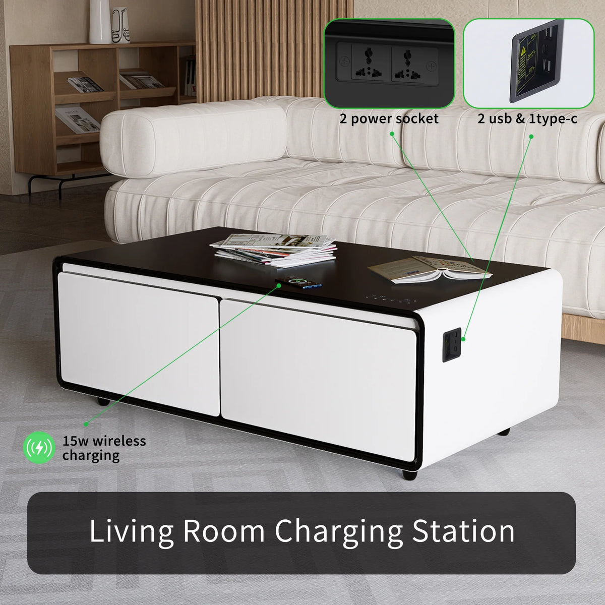 White Smart Coffee Table with Fridge and Bluetooth Speakers A428