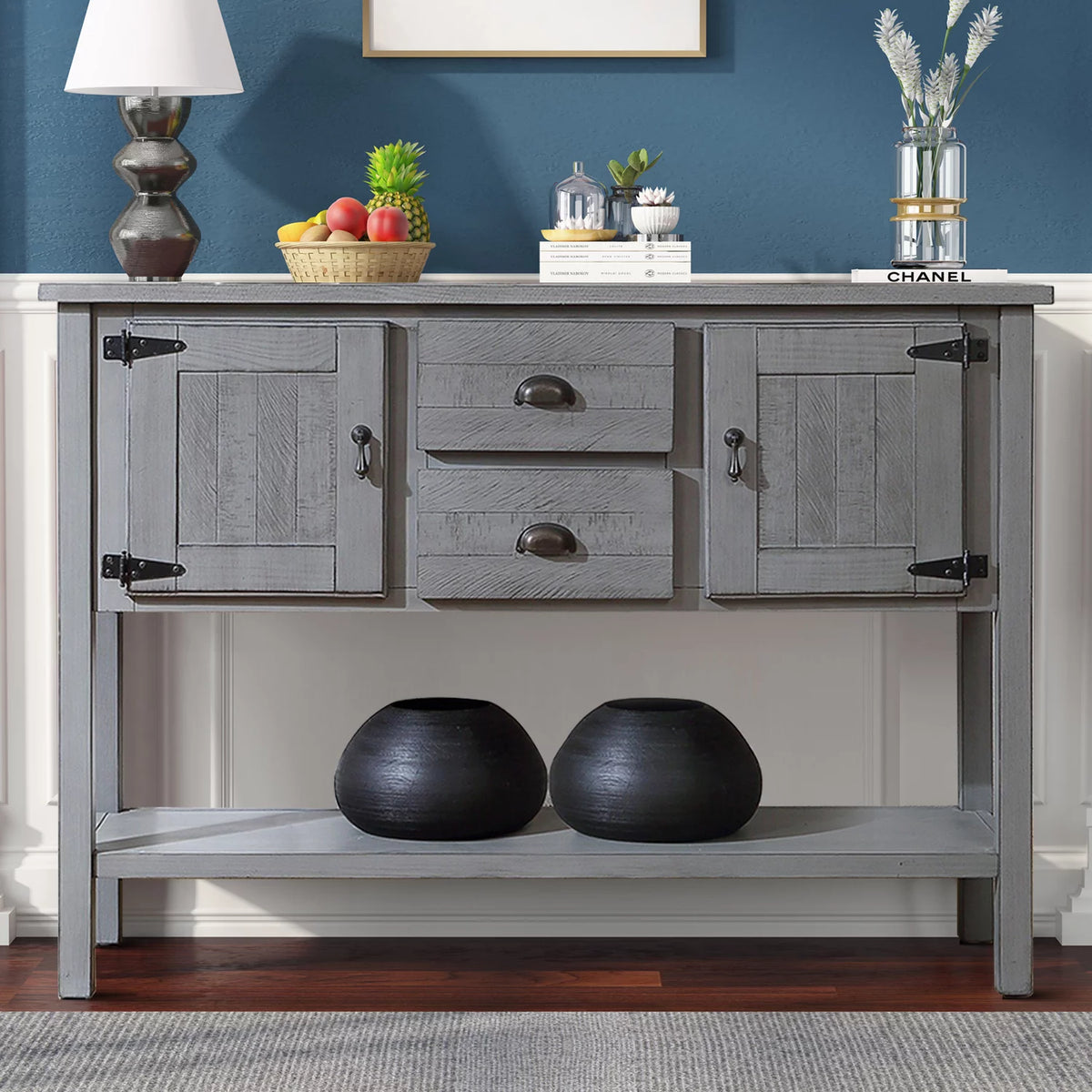 Antique Gray Wooden Console Table with 2 Cabinets and 2 Drawers F322