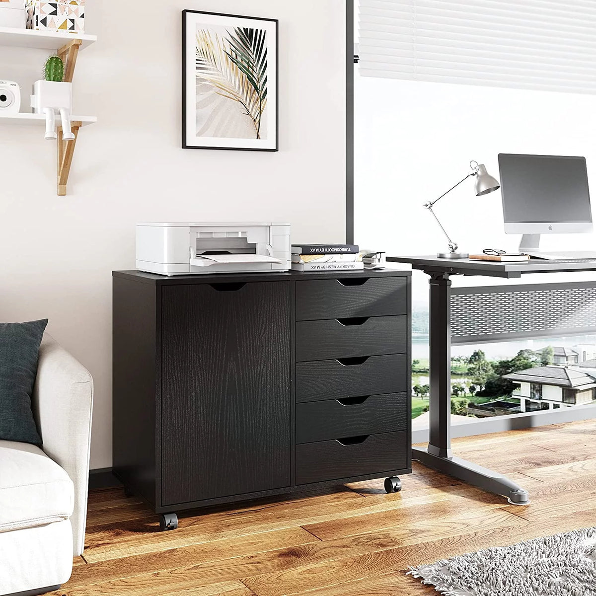Black 5 Drawer Wood File Cabinet with Wheels C313