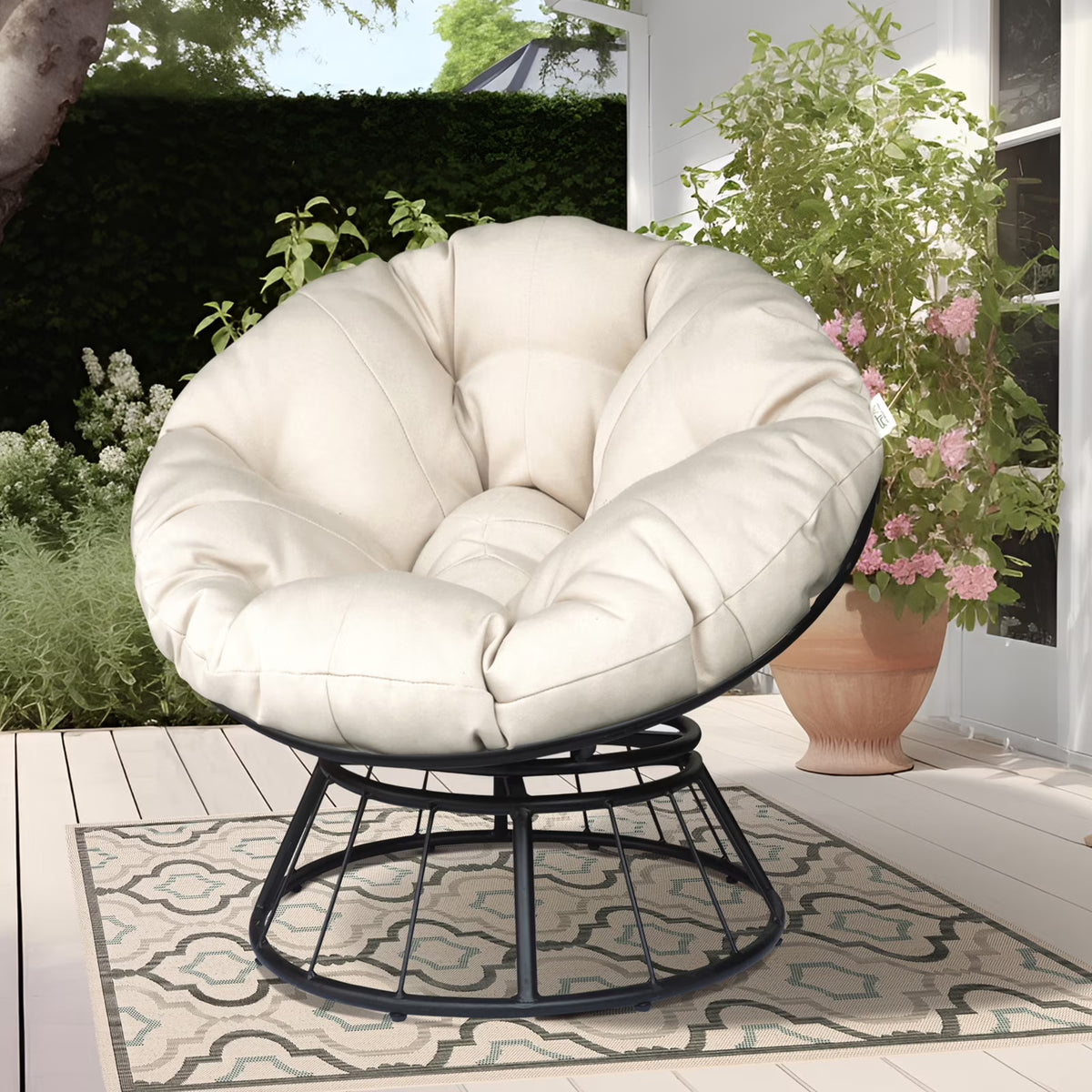 Beige 360-Degree Swivel Papasan Chair with Cushion F697