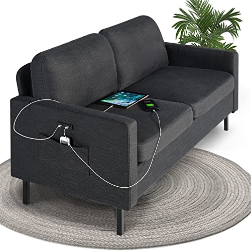 56" W Dark Grey Fabric Loveseat Sofa with 2 USB M3586