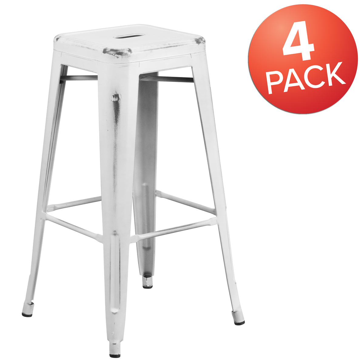 4 Pack 30" High Backless Distressed White Metal Barstool P4176