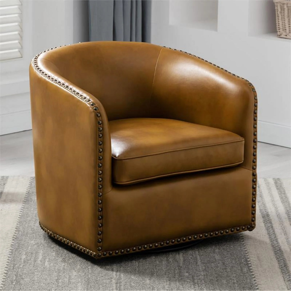 Camel Brown Faux Leather Swivel Arm Chair with Nailhead Trim L38283