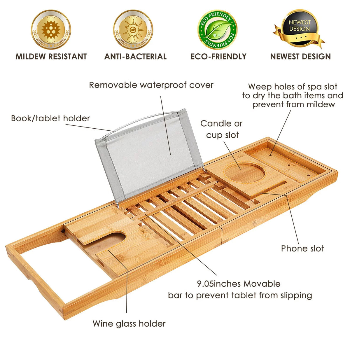Bamboo Bathtub Caddy Tray with Expandable Sides T24011