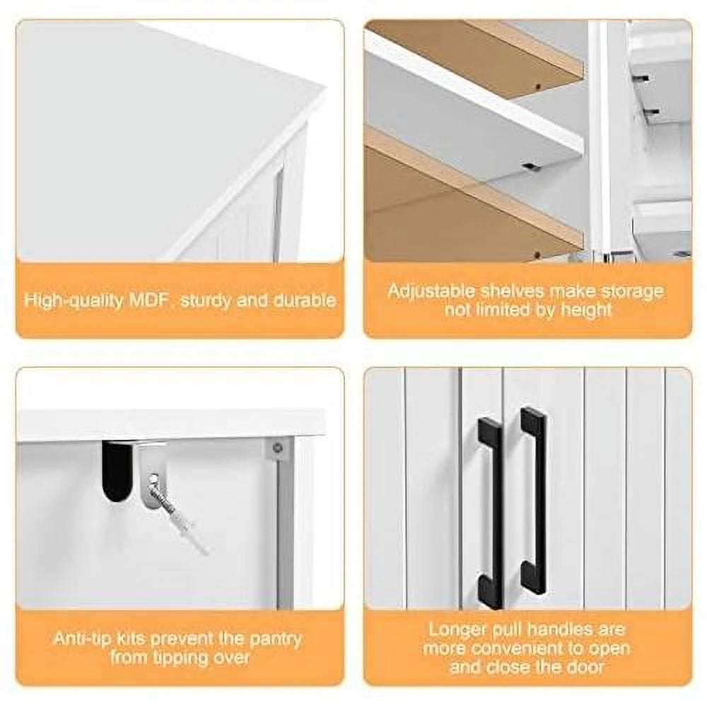 White Wood Pantry Cabinet with Doors and Adjustable Shelves V124
