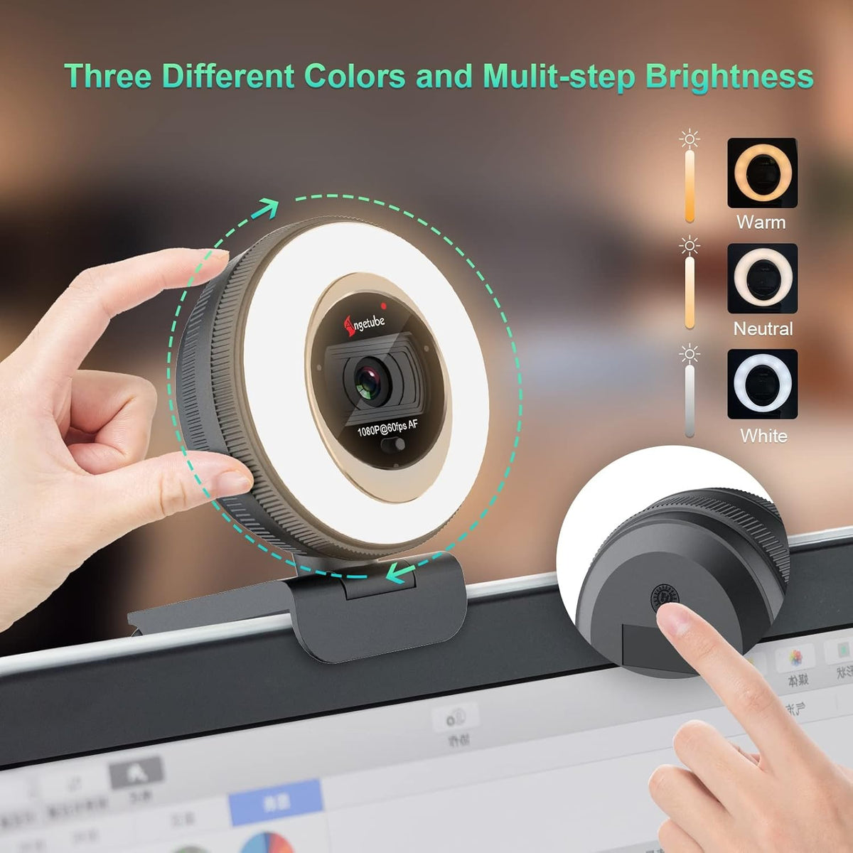 1080P 60FPS 2X Digital Zoom Streaming Webcam with Ring Light and Privacy Cover G247